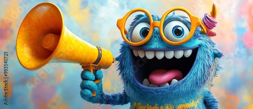 Lovable Pixarinspired monster with round glasses, smiley face, holding a yellow megaphone, vibrant and fun design, no background, cartoon style photo