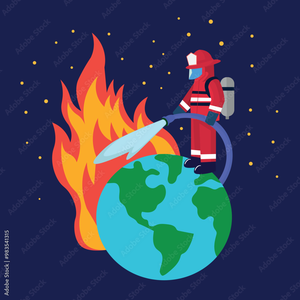 Naklejka premium Firefighter putting out the fire on the planet, illustration