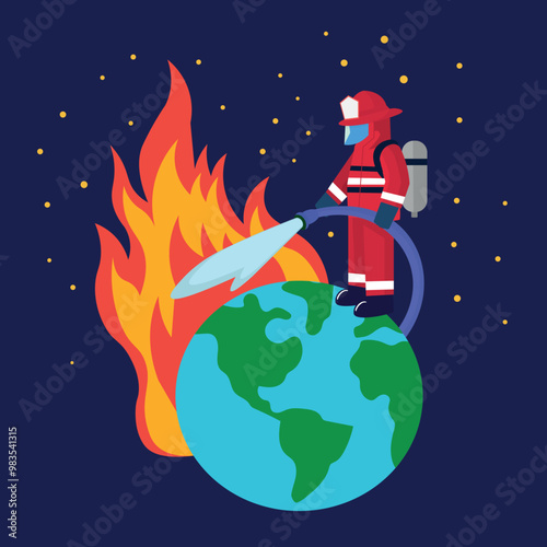 Firefighter putting out the fire on the planet, illustration