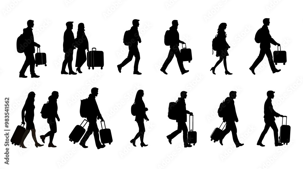 Silhouettes of Travelers with Luggage in Different Poses Silhouettes of Travelers with Luggage in Different Poses