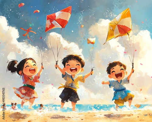 2D cartoon of Asian children flying kites at the beach, breezy sky, lighthearted scene, vibrant tones, laughter, dynamic poses, whimsical drawing style