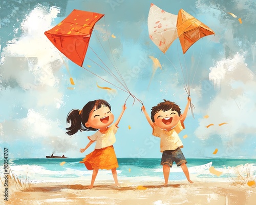 2D cartoon of Asian children flying kites at the beach, breezy sky, lighthearted scene, vibrant tones, laughter, dynamic poses, whimsical drawing style