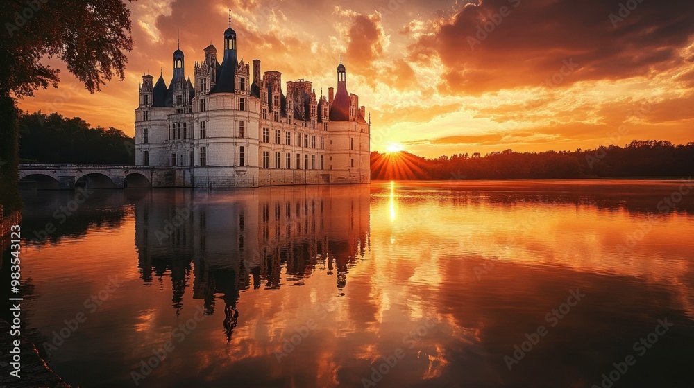 A beautiful chteau reflected in the waters of the Loire River at sunset. A beautiful chteau reflected in the waters of the Loire River at sunset.