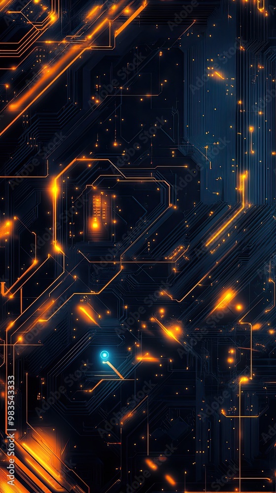 Obraz premium Abstract digital circuit design featuring glowing orange lights on a dark background, representing technology and innovation.