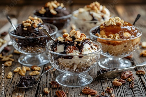 Delicious ice cream sundaes topped with nuts and drizzled with chocolate, perfect for dessert lovers and food photography.