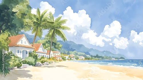 Serene tropical town with bright houses, majestic palms, and shimmering golden sand beach, artistically crafted in watercolor and oil mix