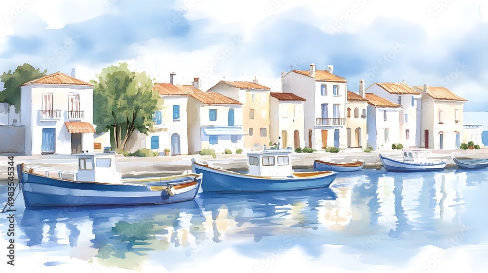Obraz premium Colorful fishing boats anchored near a charming coastal village, captured in watercolor with light brushstrokes, creating a peaceful yet lively atmosphere