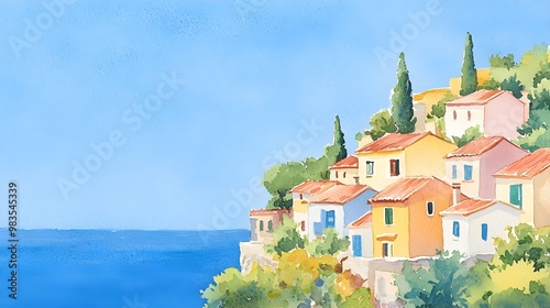 Artistic view of a hillside covered with colorful homes, set against the backdrop of a deep blue sea, a blend of watercolor delicacy and oil painting richness