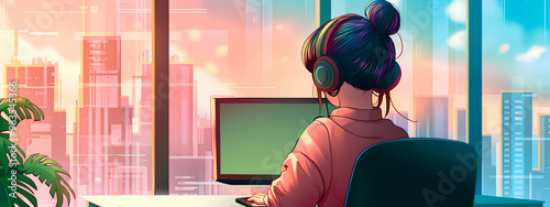 A girl named Lofi wearing headphones sits at her desk working with a beautiful view outside the window. Concept of Lofi girl's peacefulness.