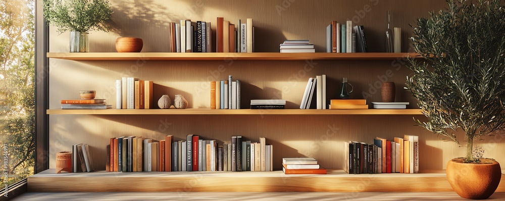 Creative depiction of books on a sleek, contemporary shelf, diverse covers and genres, modern design, clean and stylish