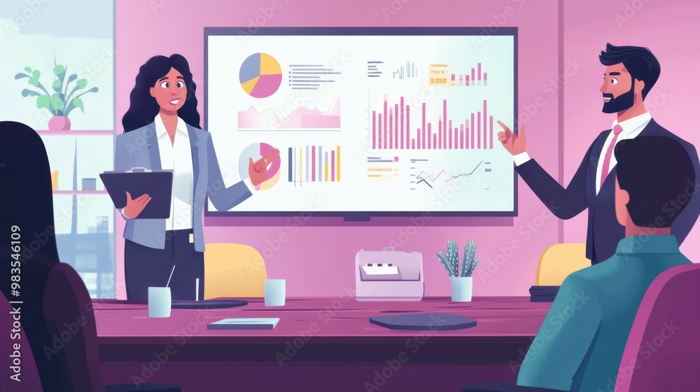 A businessperson giving a presentation to a team, using a digital projector to display financial charts.