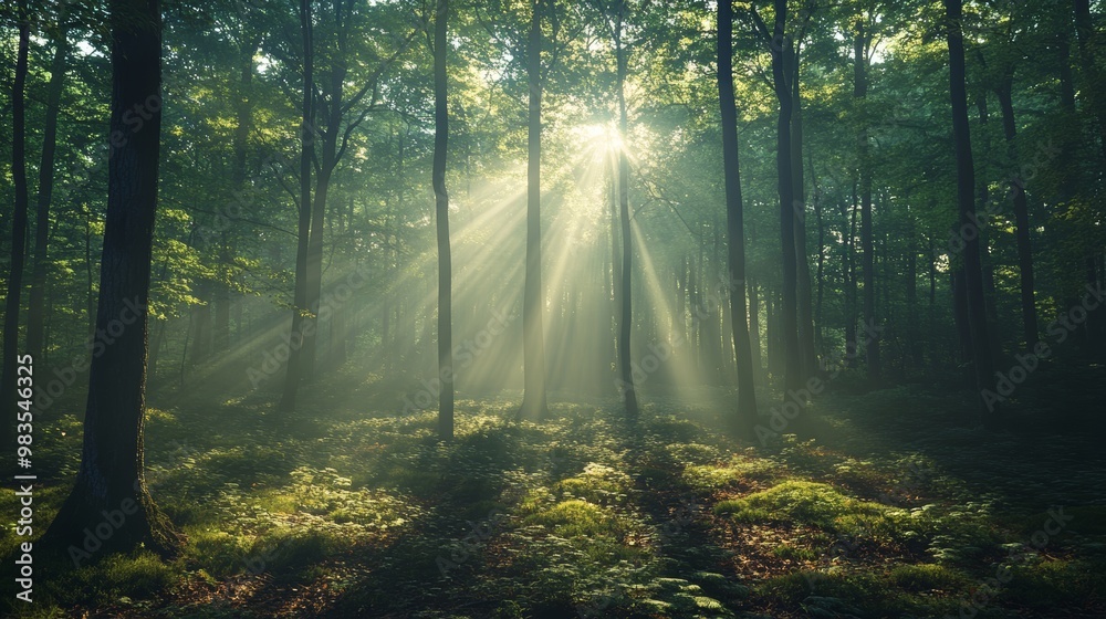 Obraz premium A secluded forest clearing with radiant sunlight piercing through the dense canopy, creating a mystical atmosphere with long shadows and glowing mist