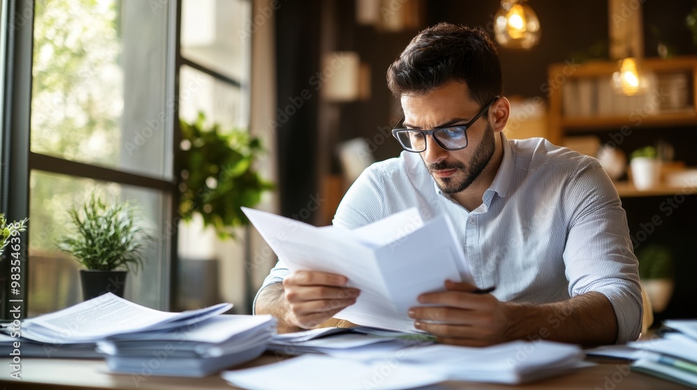 A businessperson sitting at a desk, looking through a stack of documents with a serious expression. A businessperson sitting at a desk, looking through a stack of documents with a serious expression.