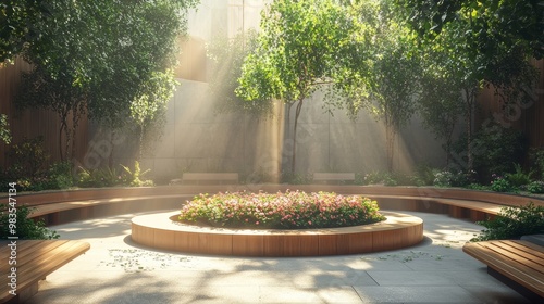 A serene open courtyard, circular flower bed in the center, surrounded by minimalist wooden benches, modern architecture backdrop, sunlight streaming in, soft shadows, Photorealistic photo