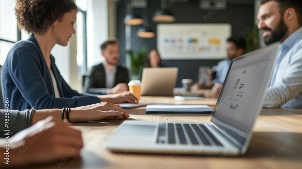 A businessperson typing on a laptop in a conference room, preparing for a team meeting. A businessperson typing on a laptop in a conference room, preparing for a team meeting.