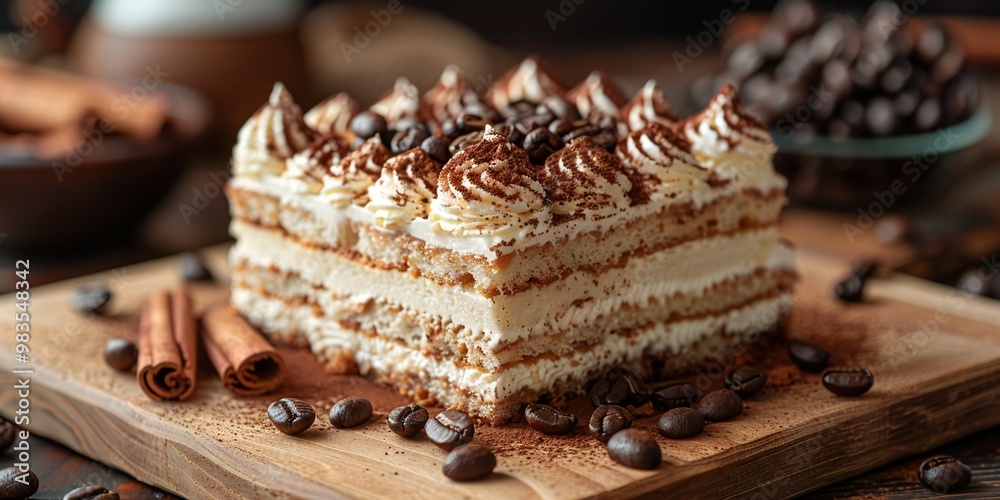 Tiramisu Pastry Cake on Rustic Background Tiramisu Pastry Cake on Rustic Background
