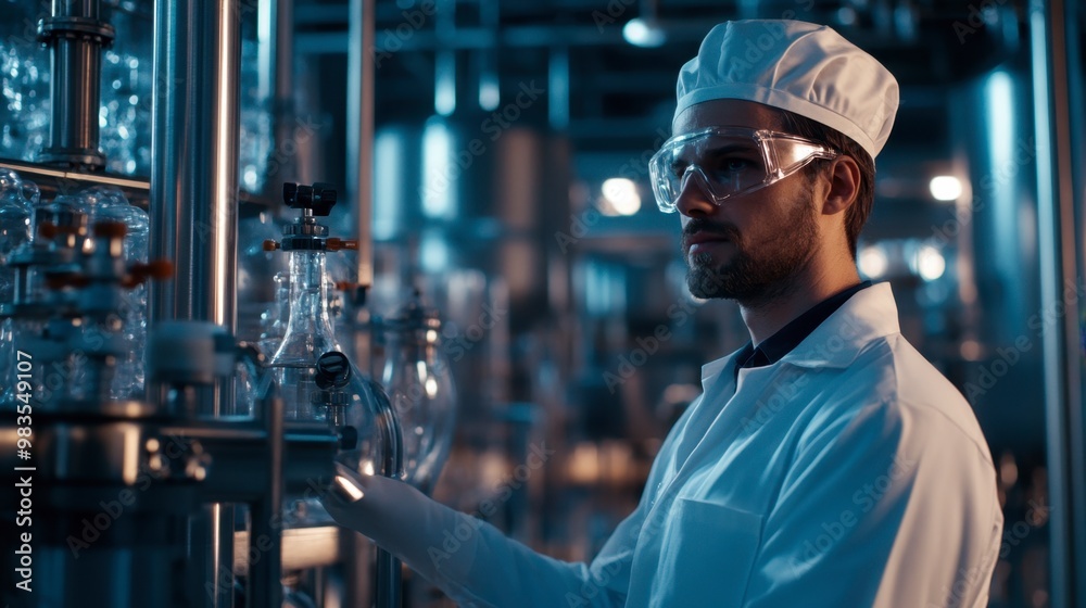 A chemical engineer in a production facility overseeing the manufacturing process of chemicals. A chemical engineer in a production facility overseeing the manufacturing process of chemicals.