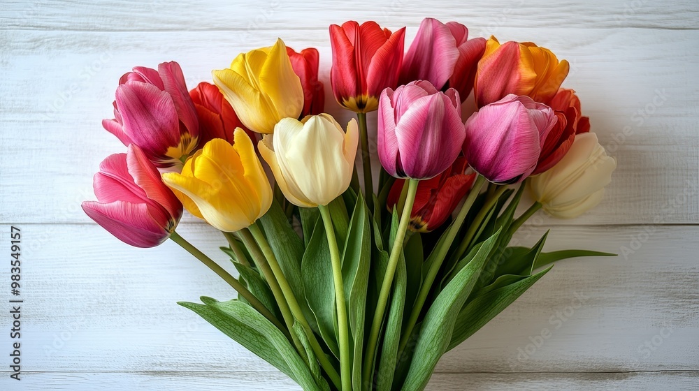 Overhead shot of vibrant tulips arranged in a vase on a distressed white wooden surface, pastel watercolor, soft light, minimalistic composition, springtime essence Overhead shot of vibrant tulips arranged in a vase on a distressed white wooden surface, pastel watercolor, soft light, minimalistic composition, springtime essence