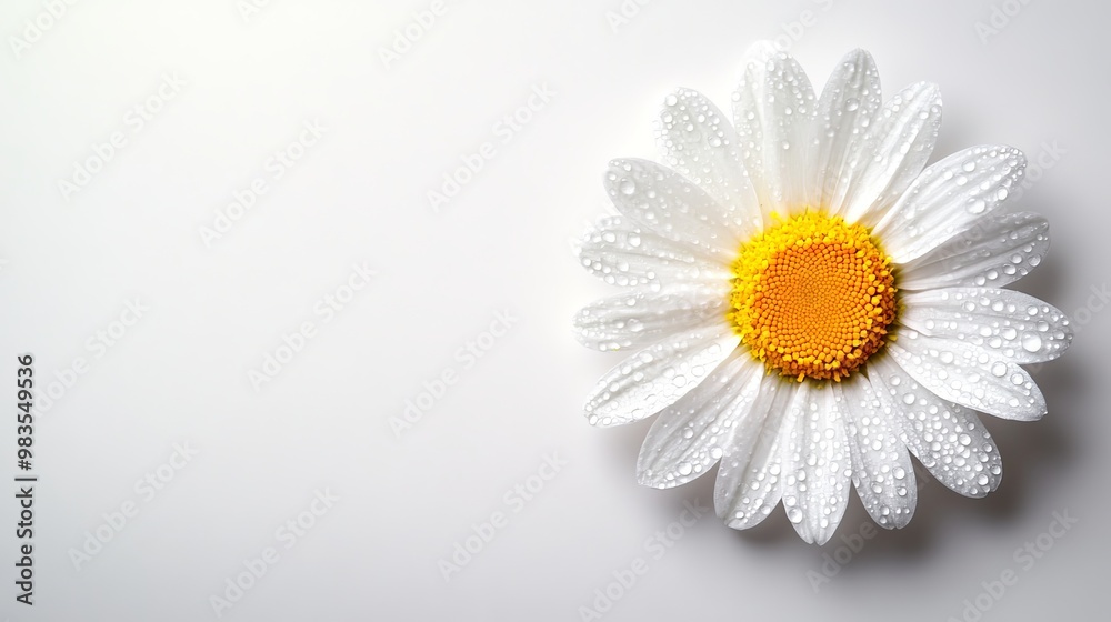 Fototapeta premium Raindrop-covered daisy with a bright yellow center on solid white background, single flower