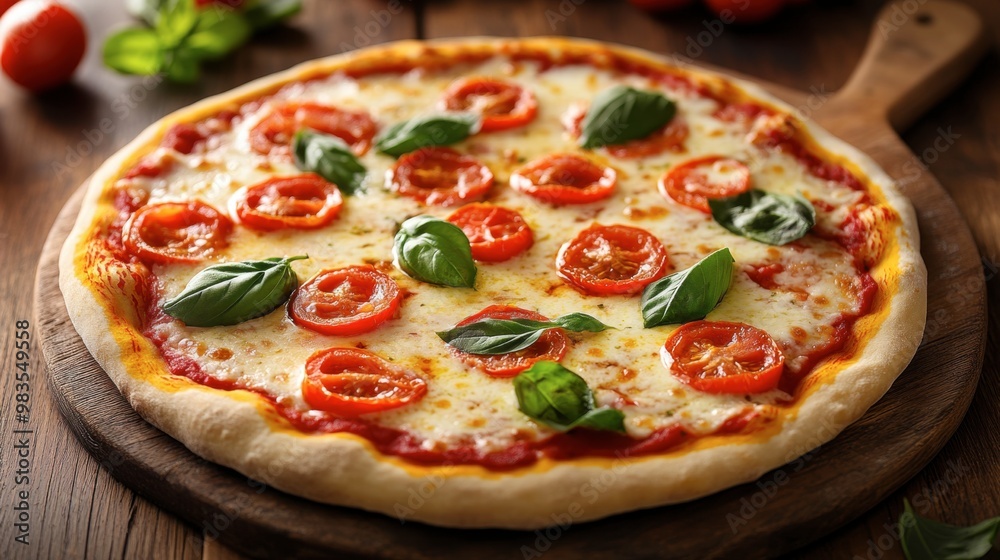 A classic Italian pizza margherita with a crispy crust, fresh tomatoes, basil, and melted mozzarella cheese. A classic Italian pizza margherita with a crispy crust, fresh tomatoes, basil, and melted mozzarella cheese.