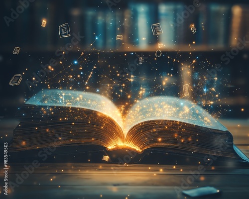 Wallpaper Mural Modern and clean image of an open book with abstract light effects, surrounded by floating bookrelated icons, visually appealing and bright Torontodigital.ca