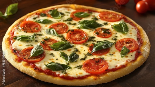 A classic Italian pizza margherita with a crispy crust, fresh tomatoes, basil, and melted mozzarella cheese.