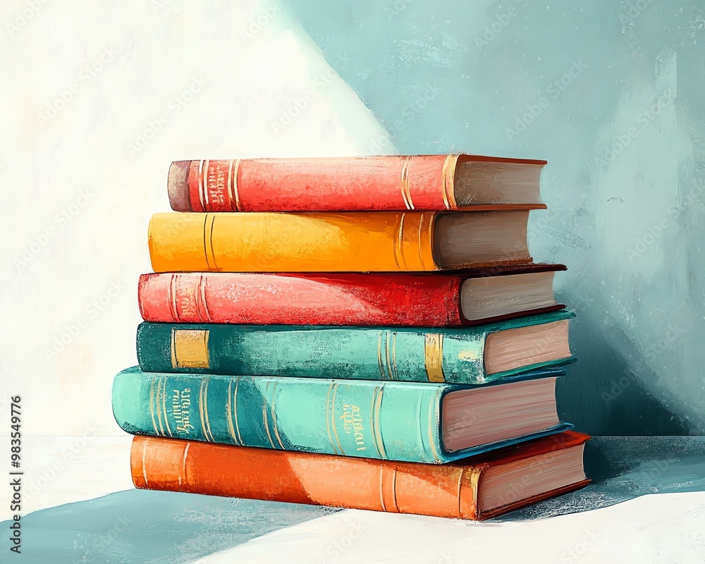 Modern depiction of a stack of books with colorful covers, set in a contemporary reading environment, inviting and clean design Modern depiction of a stack of books with colorful covers, set in a contemporary reading environment, inviting and clean design