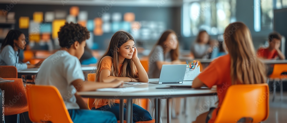 Modern educational image showcasing students using technology and interactive tools, diverse classroom setting, clean and colorful design Modern educational image showcasing students using technology and interactive tools, diverse classroom setting, clean and colorful design