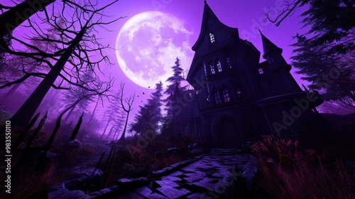 A 3D-rendered Halloween scene of a haunted house and creepy street bathed in moonlight, perfect for setting a chilling atmosphere. photo