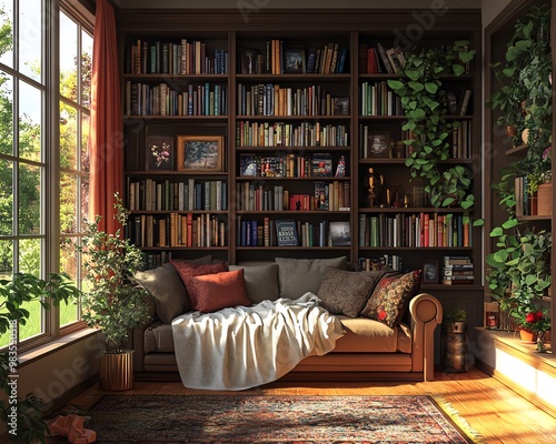 Stylish depiction of a cozy reading nook with neatly arranged books on shelves, warm and modern ambiance, clean and inviting photo