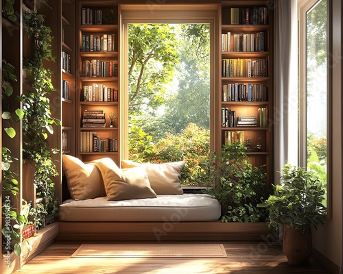 Stylish depiction of a cozy reading nook with neatly arranged books on shelves, warm and modern ambiance, clean and inviting photo