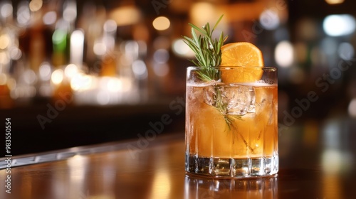 A close-up of a craft cocktail with a unique garnish, set on a sophisticated bar counter with a blurred background.