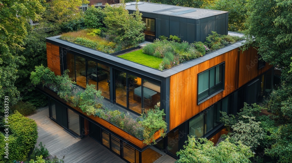 A cube house with a large rooftop garden and a natural wood and metal exterior A cube house with a large rooftop garden and a natural wood and metal exterior