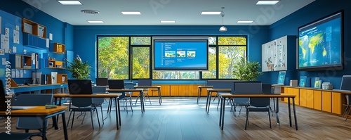 Creative image of a classroom equipped with modern educational tools, such as interactive screens and digital learning aids, engaging and dynamic design photo