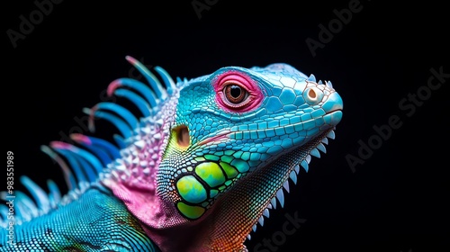 Close-up of a vibrantly colored iguana showcasing intricate patterns and vivid hues against a dark background.