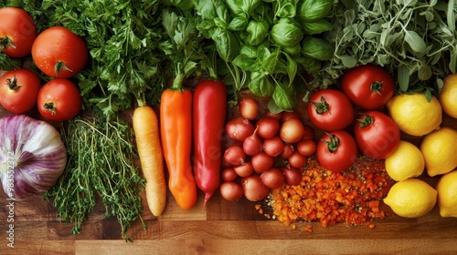 A colorful array of fresh vegetables and herbs laid out on a rustic wooden cutting board, ready for cooking.