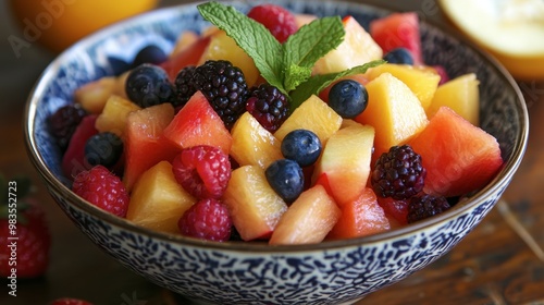 A colorful bowl of fresh fruit salad with a mix of melons, berries, and citrus, served with a mint leaf garnish.