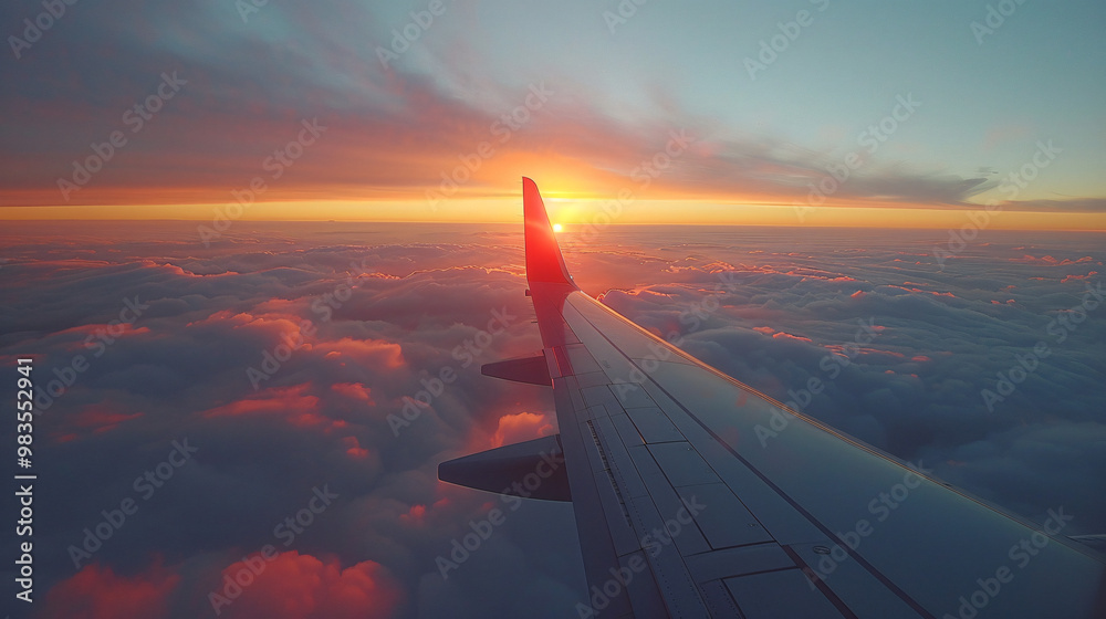 The wing of an airplane over clouds with the sun shining.