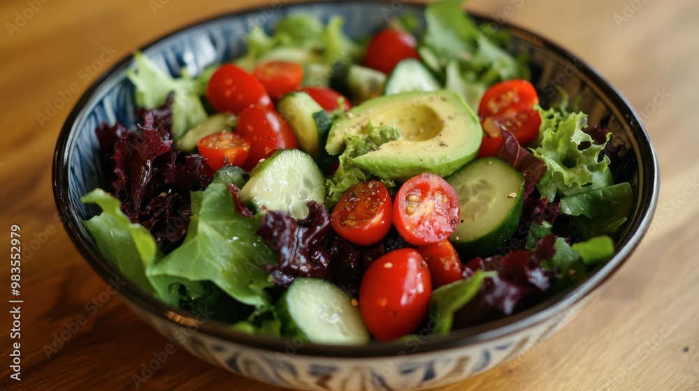 A colorful salad bowl with mixed greens, cherry tomatoes, cucumbers, avocado, and a light vinaigrette dressing. A colorful salad bowl with mixed greens, cherry tomatoes, cucumbers, avocado, and a light vinaigrette dressing.