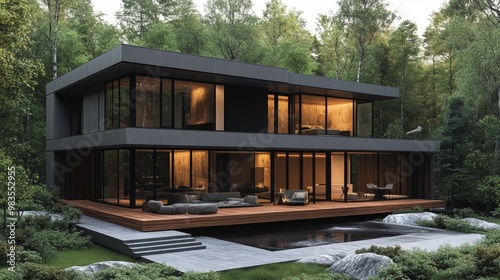 A cube-shaped home with wood paneling on the lower floor, smooth metal on upper levels, modern minimalist design, illuminated by soft warm lighting, surrounded by nature. 3D rendering