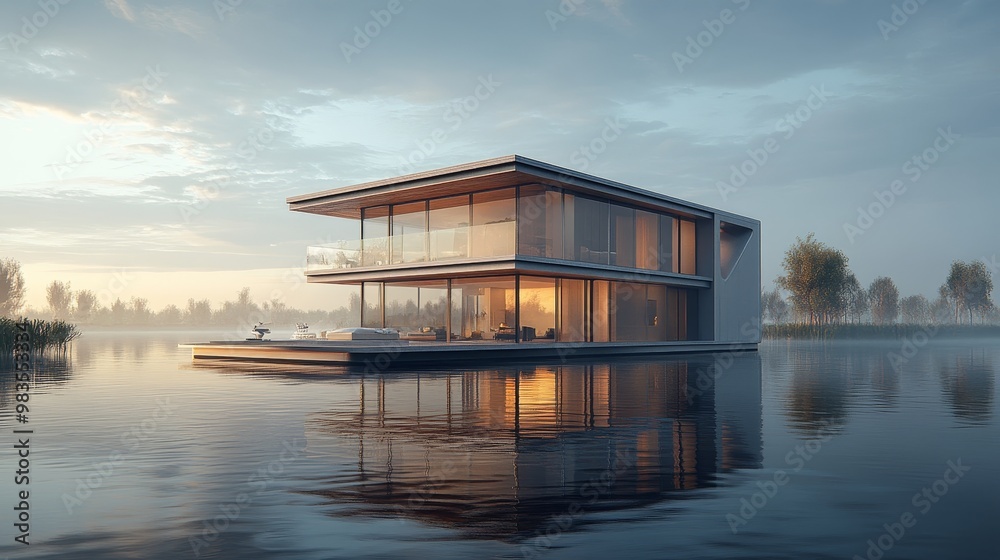 A floating cube home with glass walls and a flat rooftop terrace, surrounded by water A floating cube home with glass walls and a flat rooftop terrace, surrounded by water