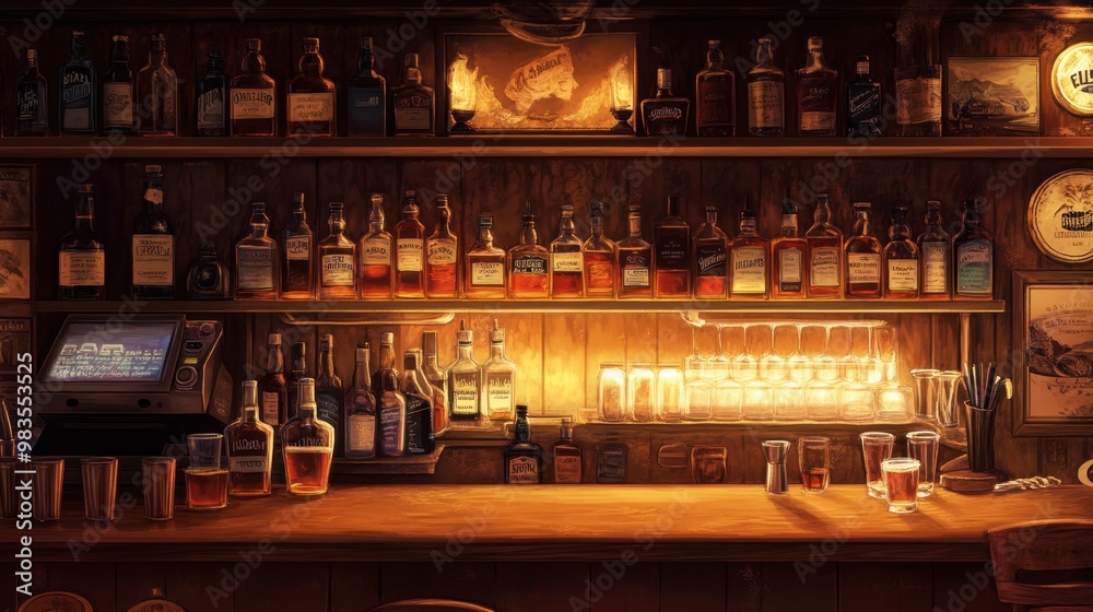 A cozy bar scene with an array of whiskey bottles and glasses on shelves, creating a warm, inviting ambiance. A cozy bar scene with an array of whiskey bottles and glasses on shelves, creating a warm, inviting ambiance.