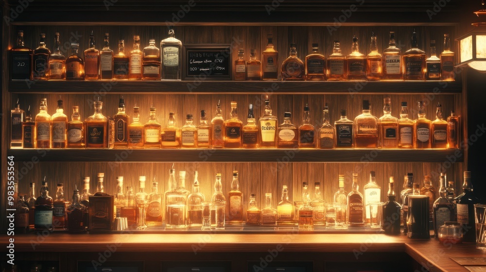 A cozy bar scene with an array of whiskey bottles and glasses on shelves, creating a warm, inviting ambiance. A cozy bar scene with an array of whiskey bottles and glasses on shelves, creating a warm, inviting ambiance.