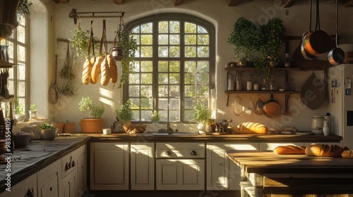 A cozy French kitchen with herbs hanging, baguettes on the counter, and sunlight streaming through the windows. photo