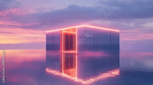 A futuristic cube home with reflective mirrored surfaces, glowing LED strips lining the edges, set against a twilight sky with soft neon hues, Cyberpunk, 3D render photo