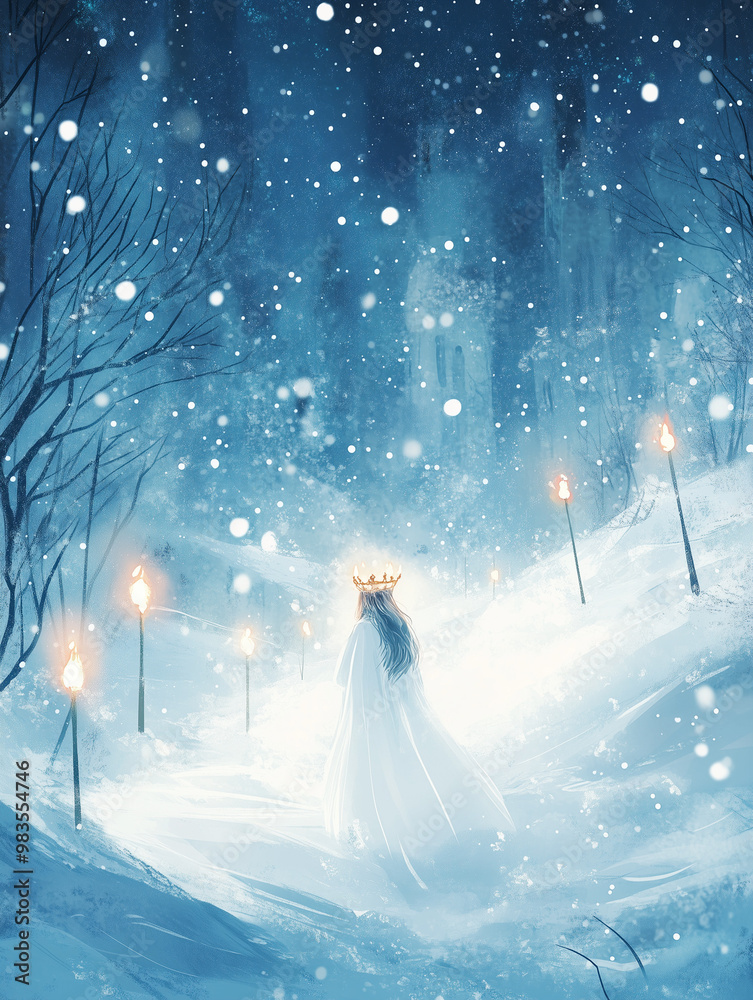 Young Woman with Candle Crown Walking Through Snowy Forest at Night, Celebrating Santa Lucia