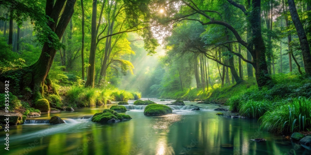 Serene forest stream surrounded by lush greenery and peaceful nature scenery Serene forest stream surrounded by lush greenery and peaceful nature scenery