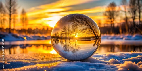 Golden Winter Sunrise Captured in a Glass Orb Reflecting the Beauty of Nature