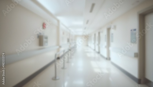 Blurred background of a hospital corridor with empty space, light and airy atmosphere, white colors, low depth of field creating blurred imagery and blurred focus. 