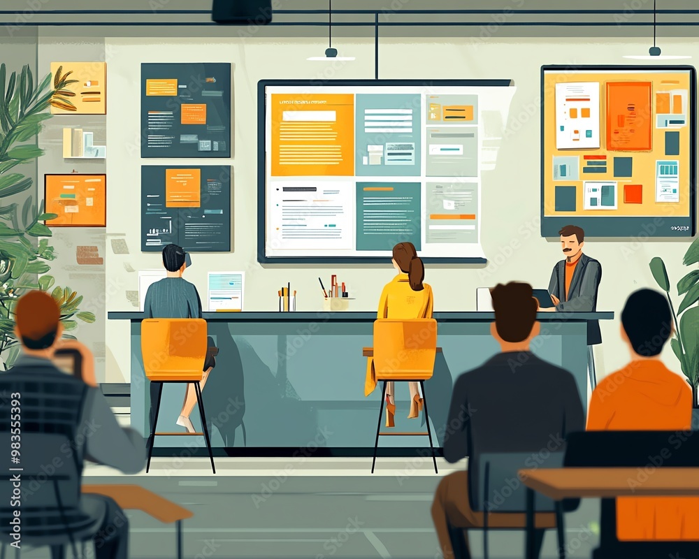 Illustration of adults participating in a professional learning environment with advanced educational tools and interactive elements, modern design Illustration of adults participating in a professional learning environment with advanced educational tools and interactive elements, modern design